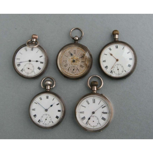 423 - Five silver open faced pocket watches, various dates and makers (a/f) (5).