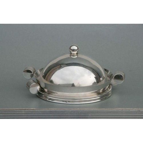 450 - An Art Deco silver plated dome topped dish on stand, 21cms diameter; together with a silver plated c... 