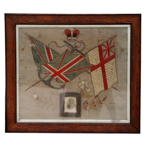 46 - A WWI HMS Russell embroidery with inset photograph of 217775 Able Seaman Charles Hewitt who died on ... 