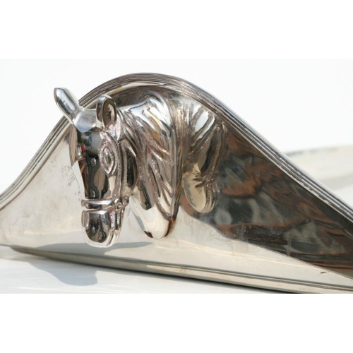 461 - A silver plated rectangular tray with horse head handles, 68cms wide.