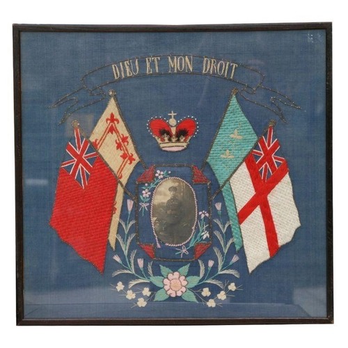 47 - A WWI embroidery of an unknown British Army sergeant in uniform flanked by the flags of the United K... 