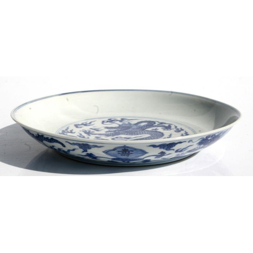 529 - A Chinese blue & white shallow dish decorated with dragons amongst clouds, six character blue mark t... 