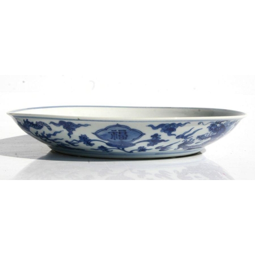 529 - A Chinese blue & white shallow dish decorated with dragons amongst clouds, six character blue mark t... 