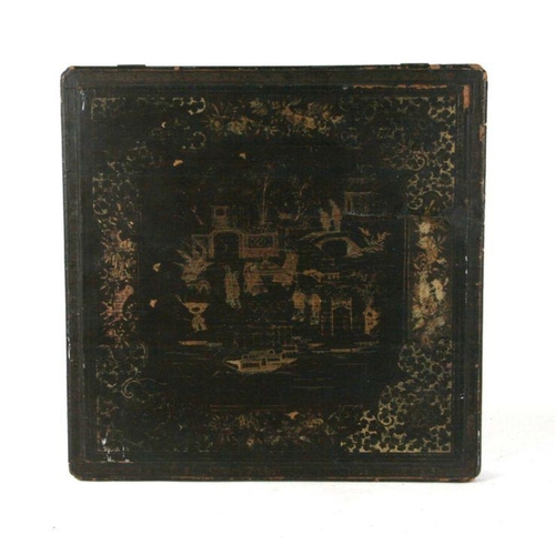 541 - A large Chinese lacquer box decorated with gilded figures on a black ground (a/f) 51 by 51cms.