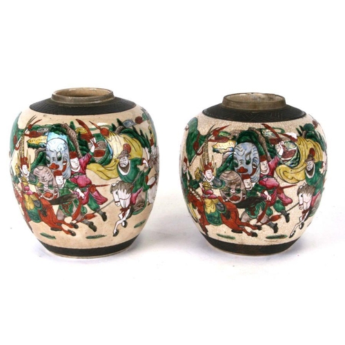 550 - Two Chinese famille rose ginger jars decorated with warriors, one with an incised four-character mar... 