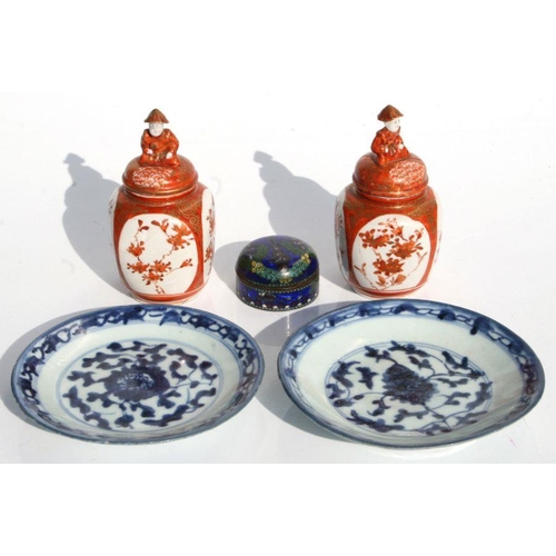 569 - Two Chinese blue & white plates, the largest 16cms diameter; together with a pair of Japanese Ku... 