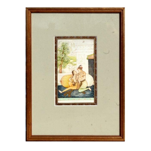 571 - Indian school - A Couple Seated by Cushions - framed & glazed, 9 by 14cms.