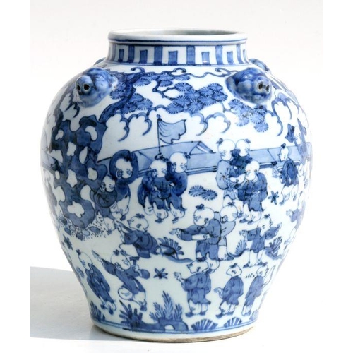 588 - A Chinese blue & white vase decorated in the 100 boys pattern, six character blue mark to the un... 