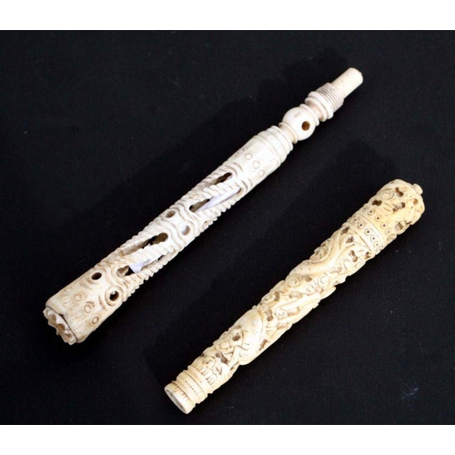 611 - Two Chinese Export carved ivory bobbin cases