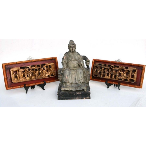 628 - A pair of Chinese giltwood figural panels mounted in faux bamboo frames, overall 43 by 19cms; togeth... 