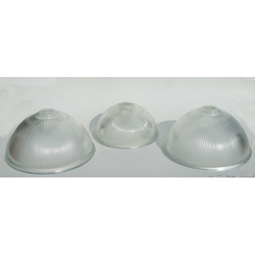 648 - A pair of Holophane style glass ceiling light shades, 38cms diameter; together with a similar smalle... 