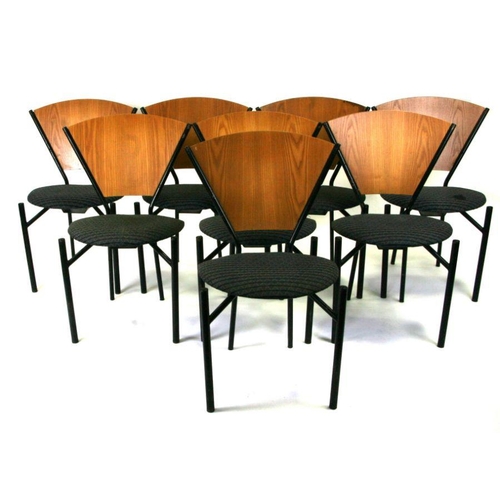 670 - A set of eight 20th century Italian design chairs with fan shaped plywood backs ad upholstered seats... 