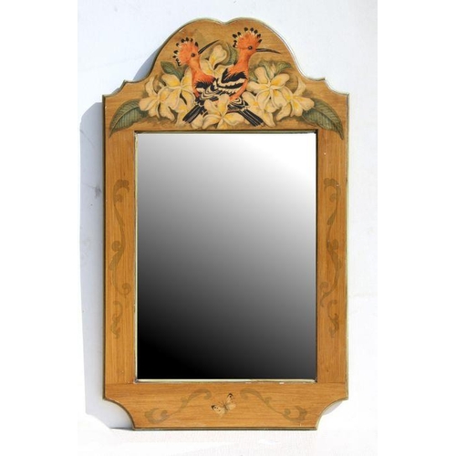 678 - A George III style wall mirror with painted frame depicting Hoopi birds and butterflies, 44cms wide.