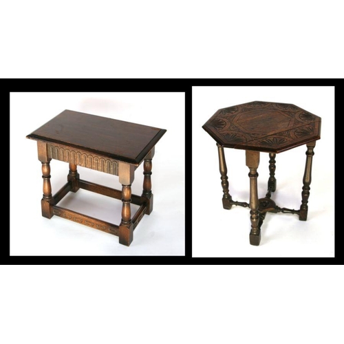 691 - An oak joint stool, 48cms wide; together with an oak octagonal occasional table with carved top, 56c... 