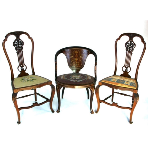 693 - An inlaid mahogany tub chair with tapestry upholstered drop-in seat; together with two similar perio... 