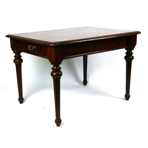 695 - A continental mahogany centre table on faceted tapering legs with single end drawer, 107cms wide.