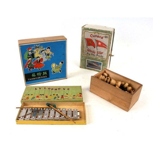 72 - A Chad Valley RMS Queen Mary jigsaw; together with a child's vintage Xylophone; a chess set and a bo... 