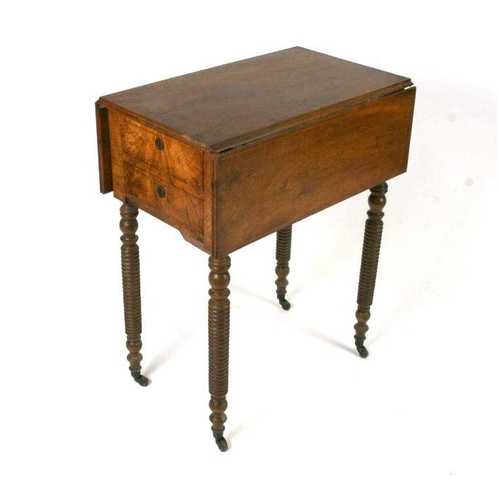 787 - A 19th century mahogany drop-flap work table with two drawers and a well, on ring turned legs, 56cms... 