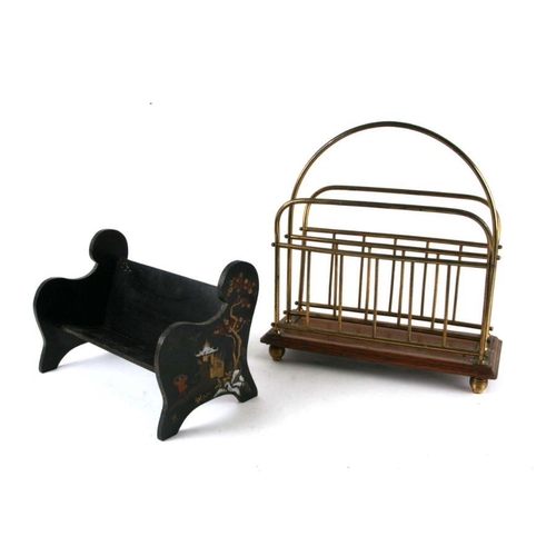 791 - An Edwardian brass and oak two-division magazine rack, 36cms wide; together with a chinoiserie lacqu... 