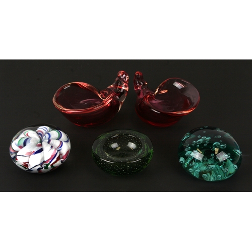 236 - An Art glass paperweight; together with a pair of Art glass Cornucopia vases; a Whitefriers style di... 