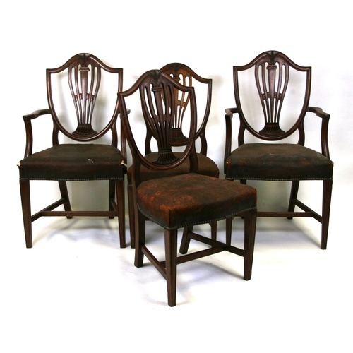 803 - A set of eight (including two carvers) Hepplewhite style mahogany shield back dining chairs with lea... 