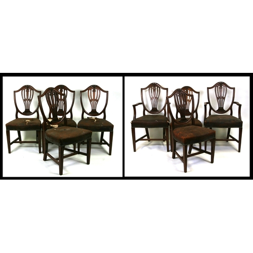 803 - A set of eight (including two carvers) Hepplewhite style mahogany shield back dining chairs with lea... 