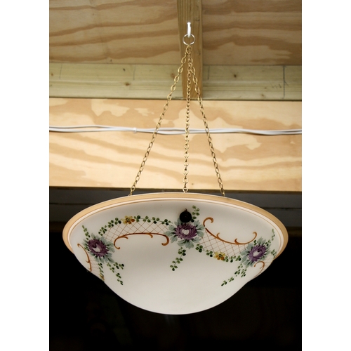 649 - An early 20th century opaline style glass ceiling light decorated with flowers, 36cms diameter.