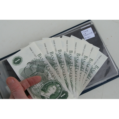 429 - An album containing English banknotes to include 10 shilling note, £1 notes and £5 notes, some in un... 