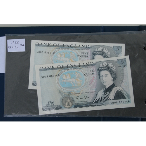 429 - An album containing English banknotes to include 10 shilling note, £1 notes and £5 notes, some in un... 