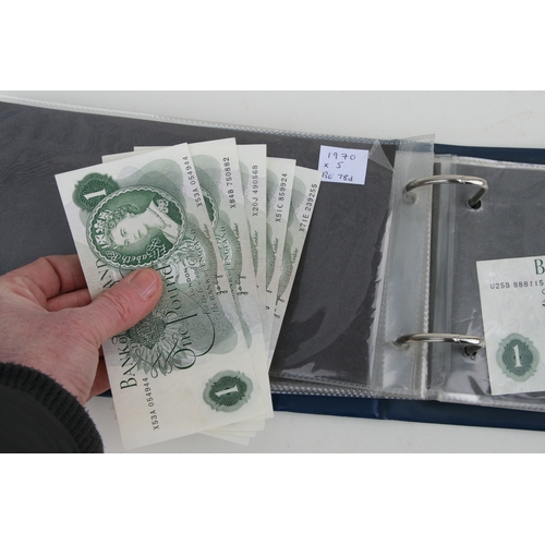 429 - An album containing English banknotes to include 10 shilling note, £1 notes and £5 notes, some in un... 