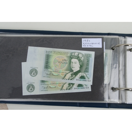 429 - An album containing English banknotes to include 10 shilling note, £1 notes and £5 notes, some in un... 