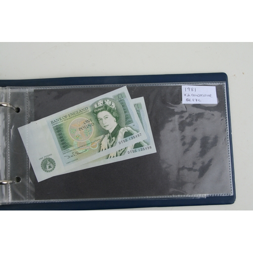 429 - An album containing English banknotes to include 10 shilling note, £1 notes and £5 notes, some in un... 