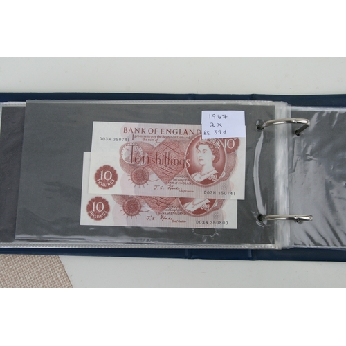 429 - An album containing English banknotes to include 10 shilling note, £1 notes and £5 notes, some in un... 