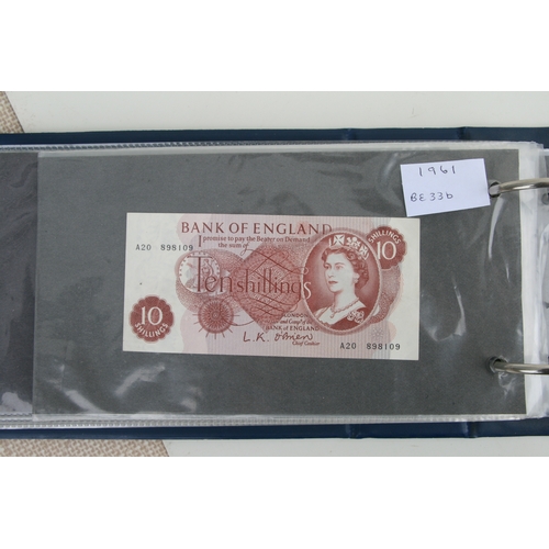 429 - An album containing English banknotes to include 10 shilling note, £1 notes and £5 notes, some in un... 