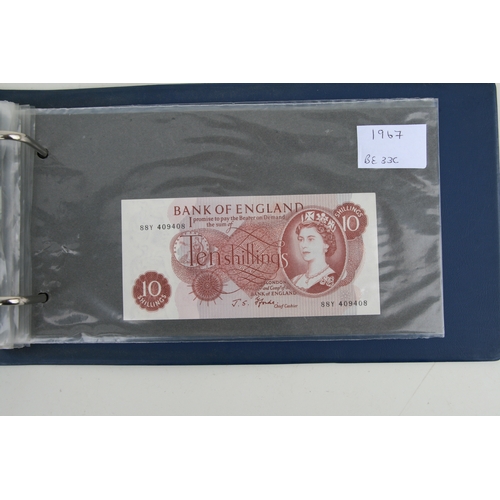 429 - An album containing English banknotes to include 10 shilling note, £1 notes and £5 notes, some in un... 