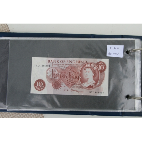 429 - An album containing English banknotes to include 10 shilling note, £1 notes and £5 notes, some in un... 