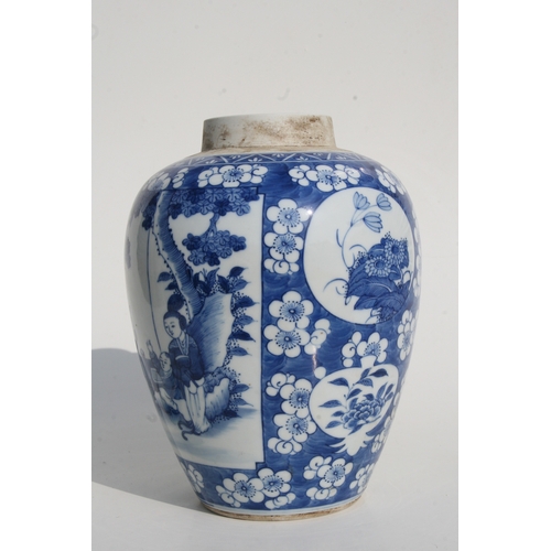 527 - A Chinese blue & white jar and cover decorated with figures within panels on a prunus ground, 27... 