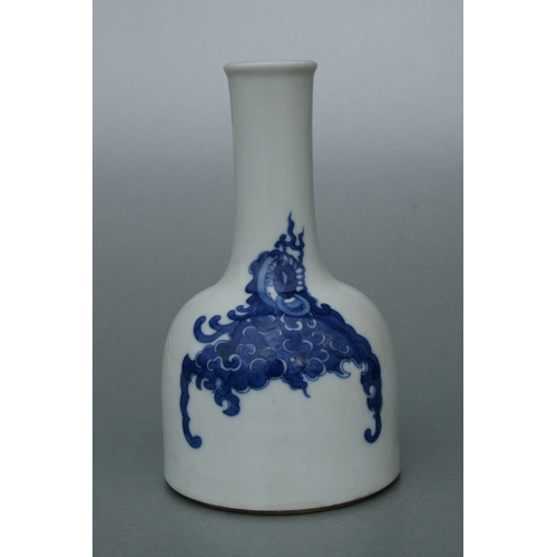 637 - A Chinese blue & white vase of mallet form, six character blue mark to the underside, on a hardwood ... 