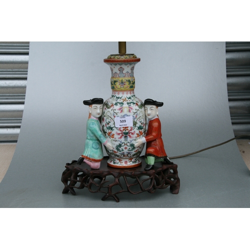 509 - A Chinese famille rose vase form lamp decorated with foliate scrolls being supported by western figu... 