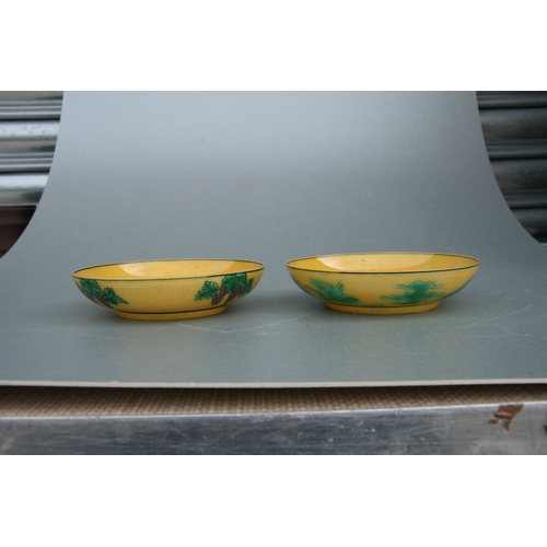 523 - A pair of Chinese shallow bowls, each decorated with dragons chasing a flaming pearl amongst clouds ... 