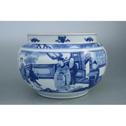 525 - A Chinese blue & white hanging planter decorated with figures in a court setting, 23cms diameter.