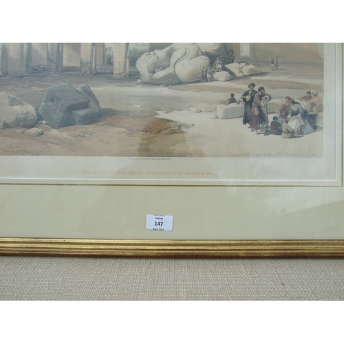 147 - After David Roberts - Fragments at the Great Colossi at the Memnonium - coloured lithograph, framed ... 