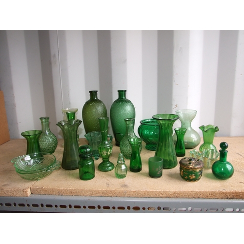 244 - A quantity of green pressed and moulded glass to include hyacinth and tulip vases and a pair of Fren... 