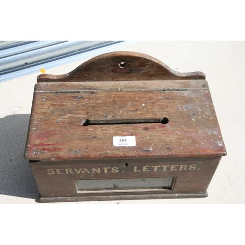 384 - A Victorian country house stained pine servants letters box, the front sign written and with sight w... 