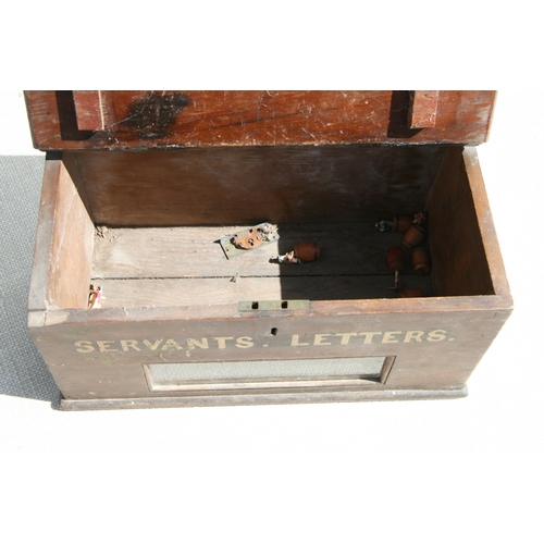 384 - A Victorian country house stained pine servants letters box, the front sign written and with sight w... 