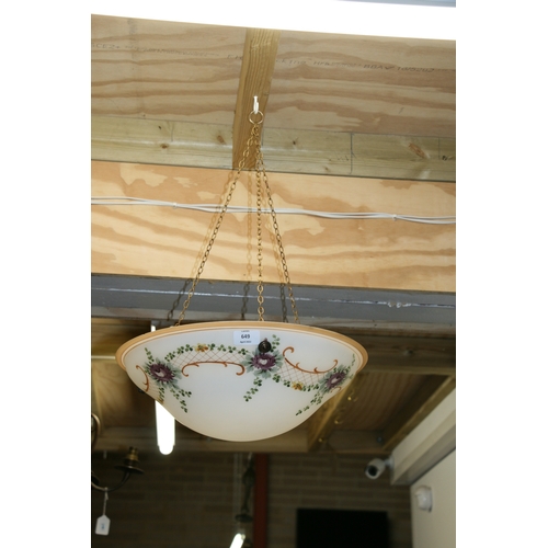 649 - An early 20th century opaline style glass ceiling light decorated with flowers, 36cms diameter.