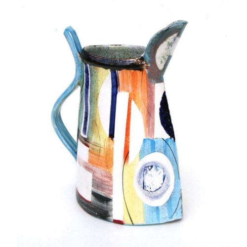 105 - A large Paul Jackson Studio pottery jug with multi-colour abstract design, signed and dated '16 to t... 