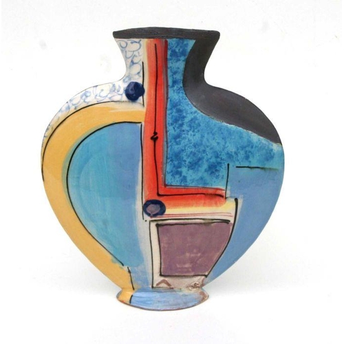 107 - A modern British Studio pottery vase with coloured abstract design, monogrammed, possibly for Robert... 