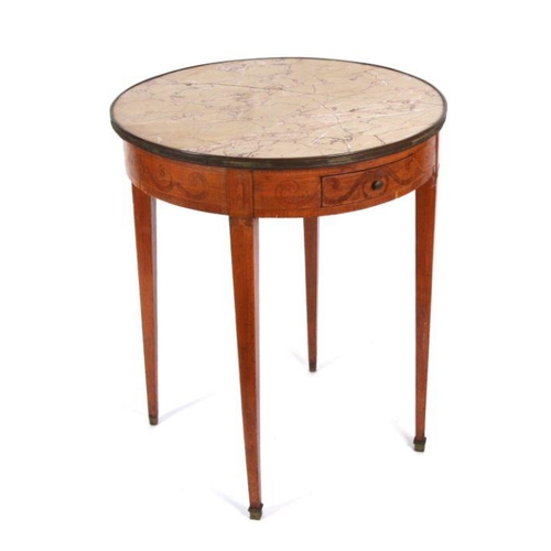 1234 - A French inlaid gueridon with brass mounted figured marble top on square tapering legs, 61cms diamet... 