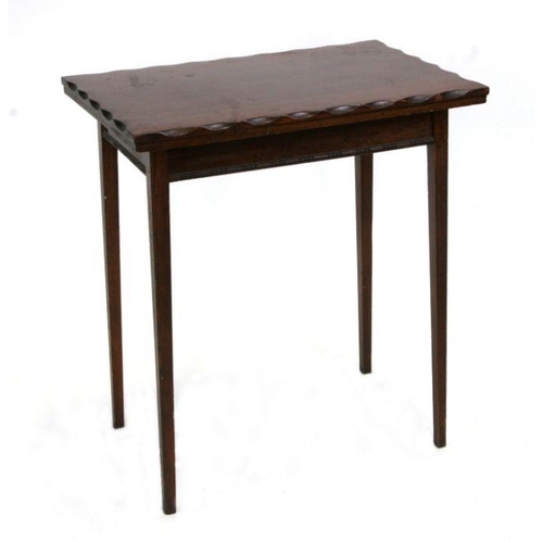 1240 - An Edwardian mahogany card table with shaped rectangular fold-over top, on tapering square legs, 61c... 